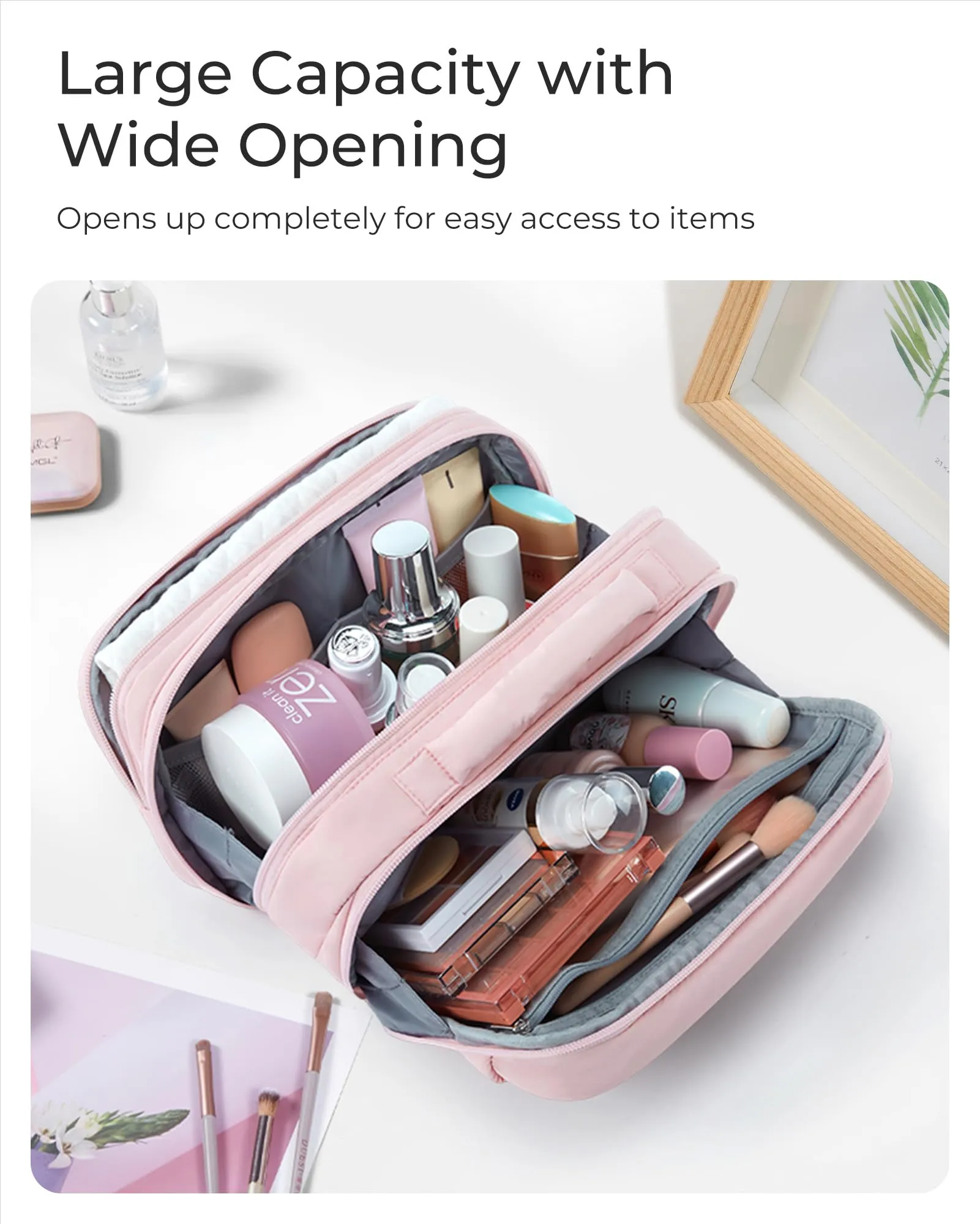 BAGSMART Toiletry Bag for Women, Travel Makeup Bag, Wide-open Portable Make Up Bag Organizer for Women for Travel Essentials Travel-Size Toiletries Accessories Bottles, Brushes, Beige