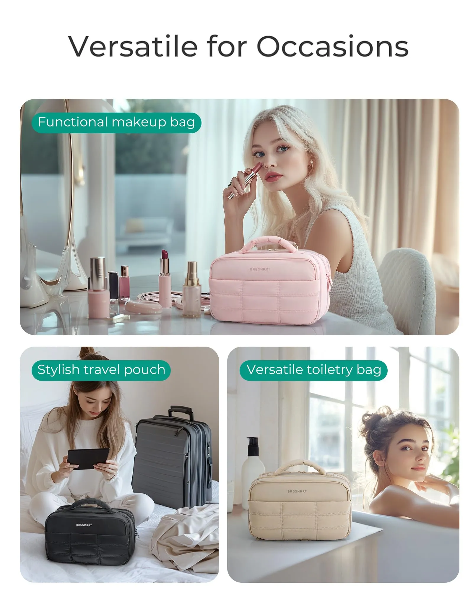 BAGSMART Toiletry Bag for Women, Travel Makeup Bag, Wide-open Portable Make Up Bag Organizer for Women for Travel Essentials Travel-Size Toiletries Accessories Bottles, Brushes, Black