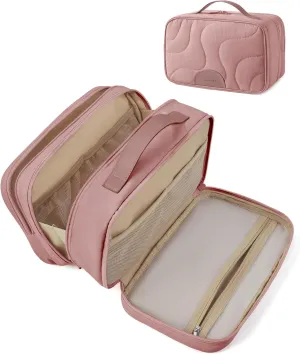 BAGSMART Toiletry Bag for Women, Wide-open Makeup Bag Organizer for Travel Essentials Travel-size, Water-resistant Large Capacity Cosmetic Bag for Accessories, Shampoo, Toiletries with Handle, Pink