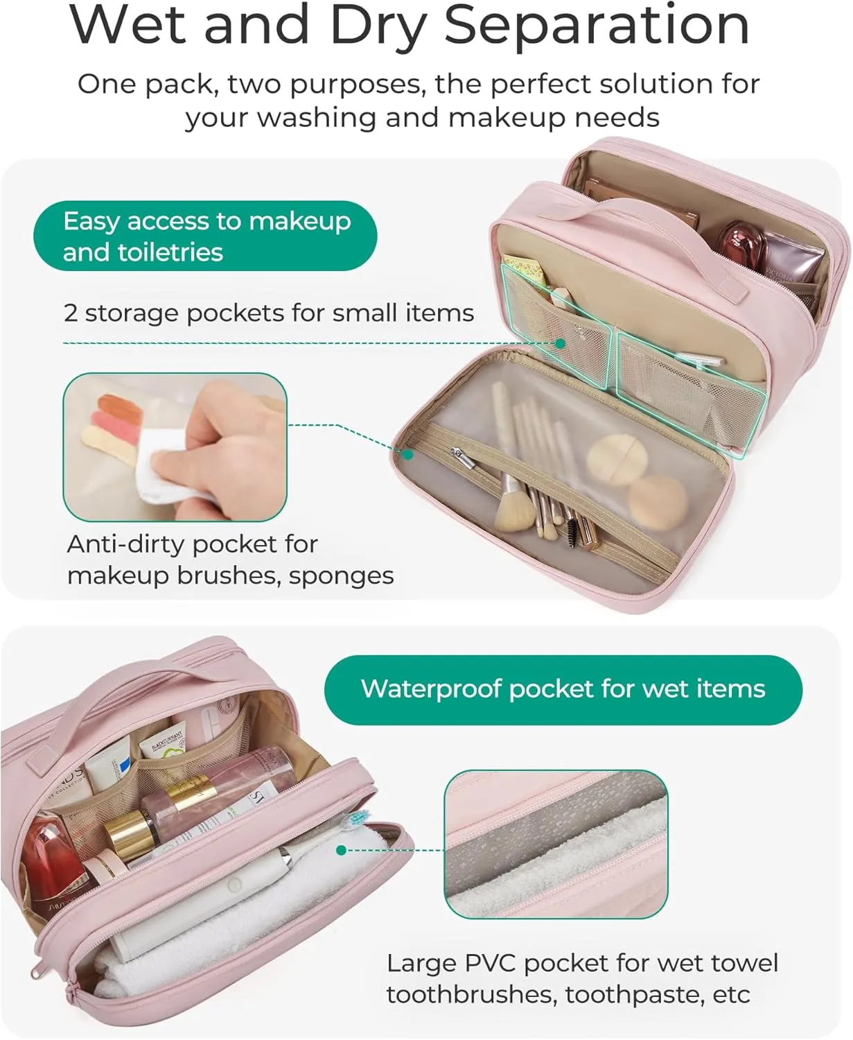 BAGSMART Toiletry Bag for Women, Wide-open Makeup Bag Organizer for Travel Essentials Travel-size, Water-resistant Large Capacity Cosmetic Bag for Accessories, Shampoo, Toiletries with Handle, Pink