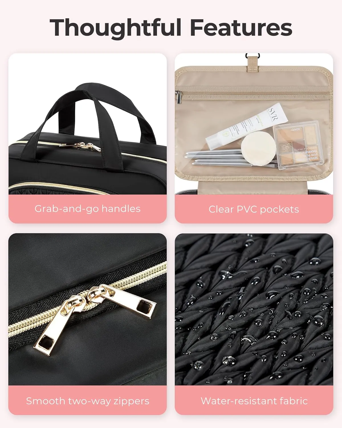 BAGSMART Travel Toiletry Bag with Jewelry Organizer, Hanging Travel Bag for Toiletries, Makeup Cosmetic Bag Organizer, Carry-on Travel Accessories Essentials, Black-L