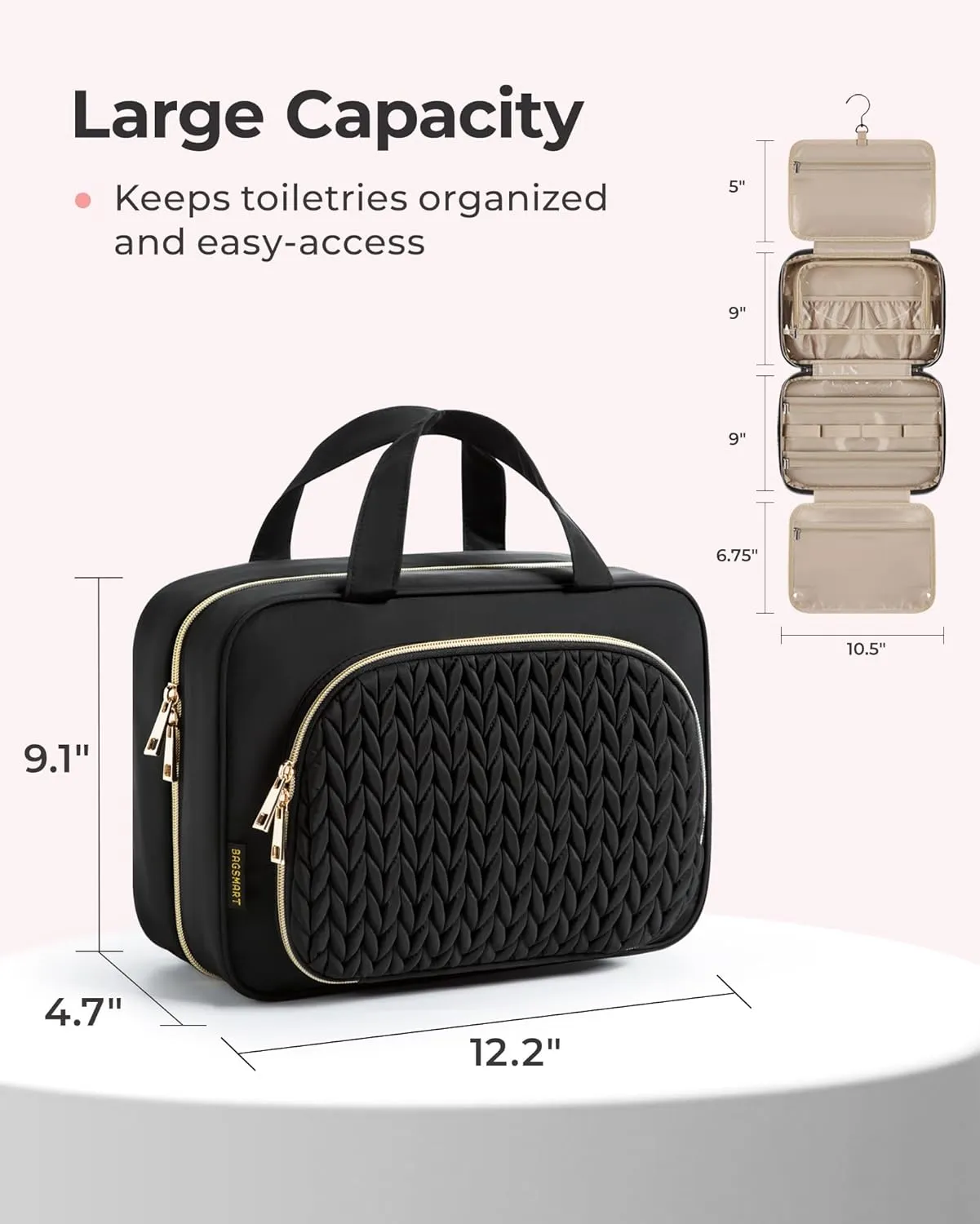 BAGSMART Travel Toiletry Bag with Jewelry Organizer, Hanging Travel Bag for Toiletries, Makeup Cosmetic Bag Organizer, Carry-on Travel Accessories Essentials, Black-L