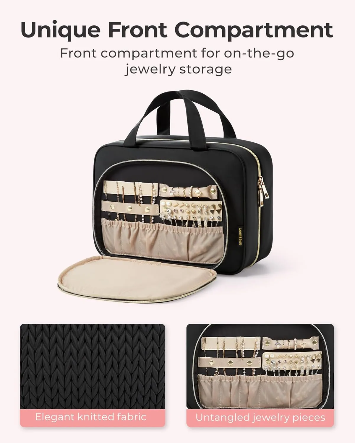 BAGSMART Travel Toiletry Bag with Jewelry Organizer, Hanging Travel Bag for Toiletries, Makeup Cosmetic Bag Organizer, Carry-on Travel Accessories Essentials, Black-L