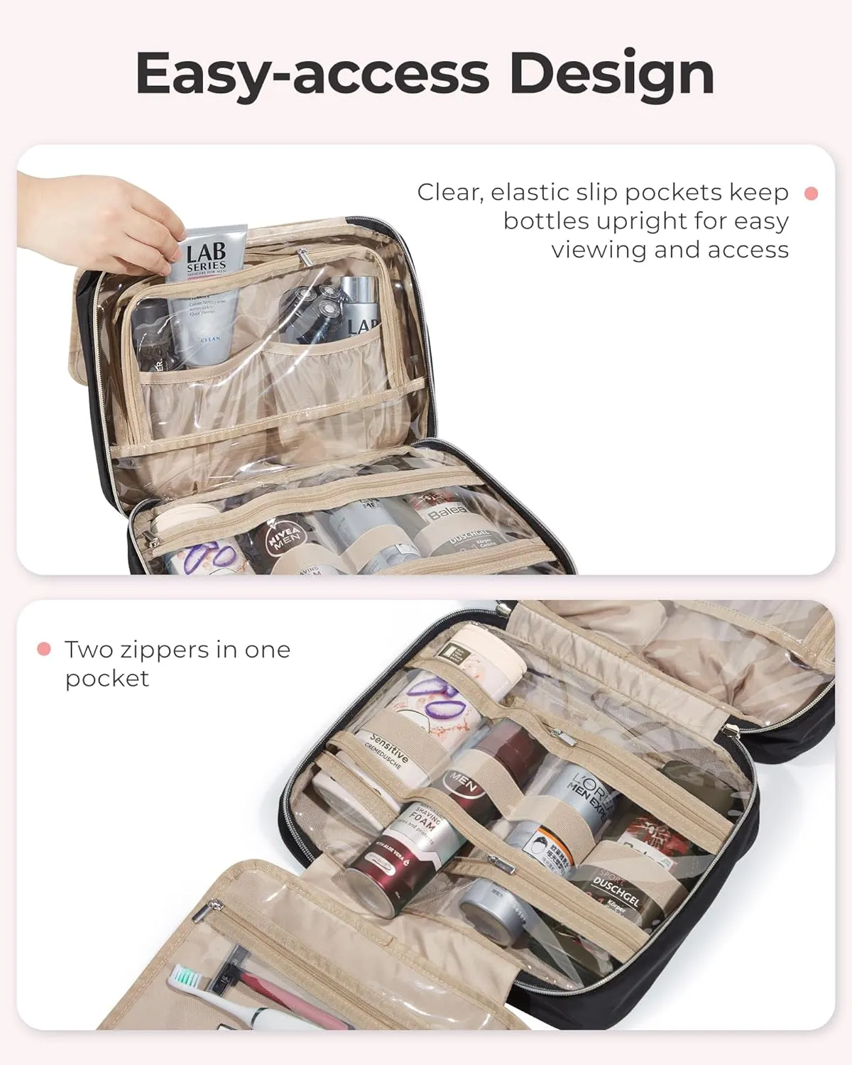 BAGSMART Travel Toiletry Bag with Jewelry Organizer, Hanging Travel Bag for Toiletries, Makeup Cosmetic Bag Organizer, Carry-on Travel Accessories Essentials, Black-L