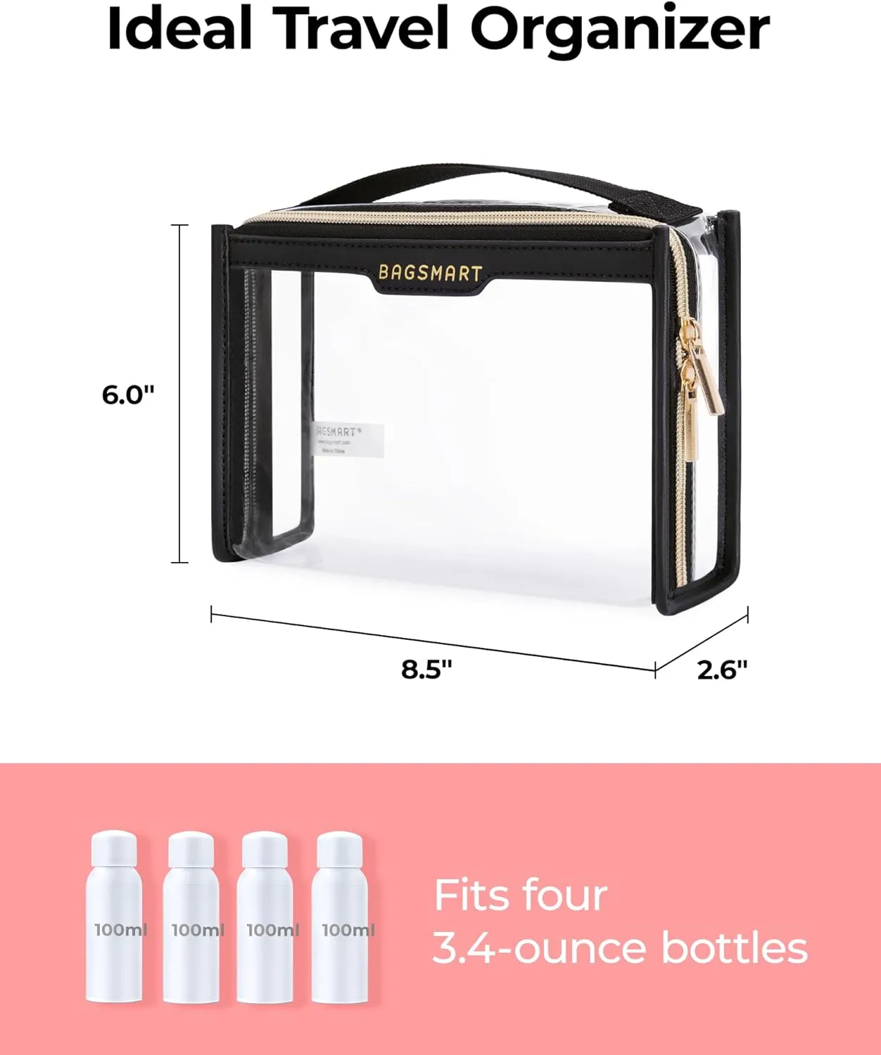 BAGSMART TSA Approved Toiletry Bag, Clear Travel Toiletry Bag, Makeup Cosmetic Pouch Bag for Women Men Carry on Airport Airline Quart Size Compliant Bag Organizer for Travel Essentials-2PCS Black