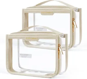 BAGSMART TSA Approved Toiletry Bag, Clear Travel Toiletry Bag, Makeup Cosmetic Pouch Bag for Women Quart Size Compliant Bag Organizer for Travel Essentials (Khaki Pack of 2)
