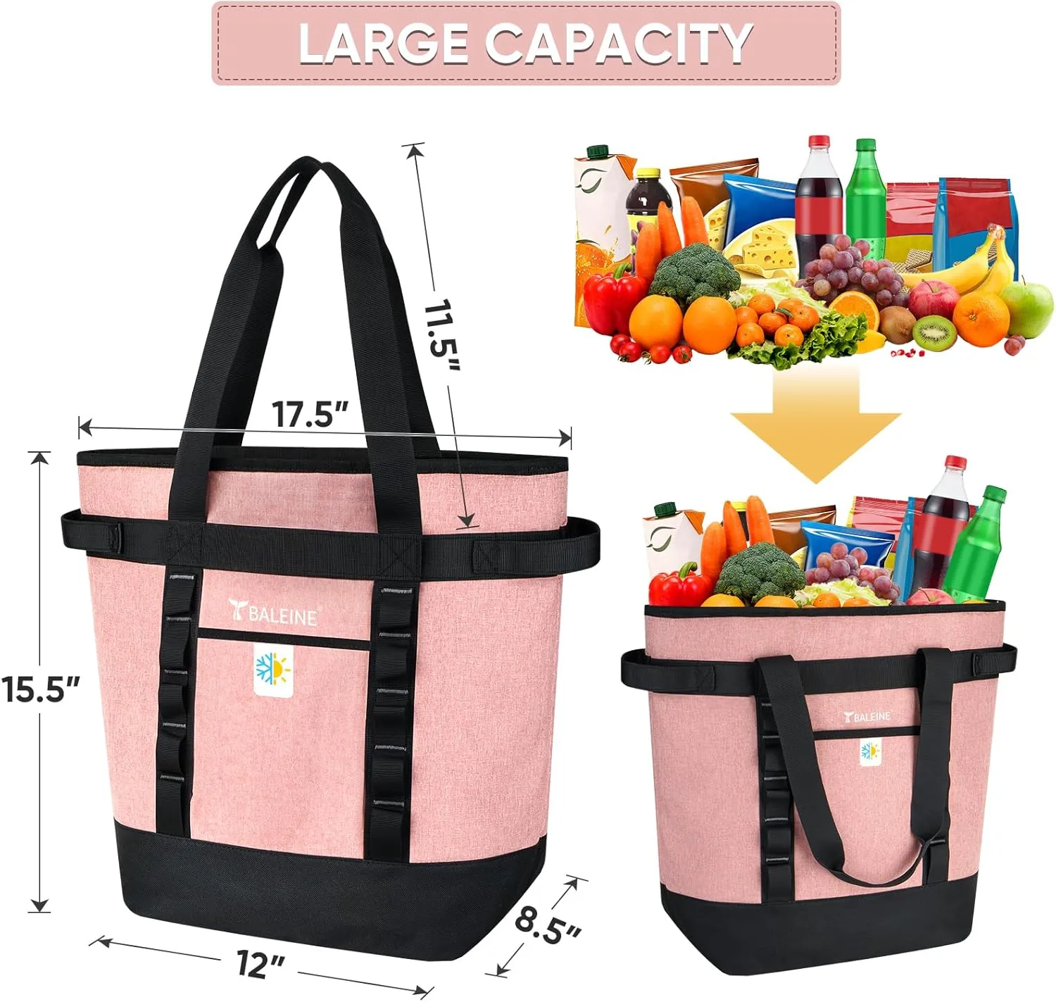 BALEINE Large 36-Can Cooler Bags Insulated, PEVA Soft Cooler Tote Bag, Insulated Grocery Bags with Zippered Top (8.5 Gallon, Black)