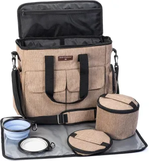 BarksBar Dog Travel Bag for Day Trips & Vacations with Collapsible Bowls, Food Storage Bags, Placemat, and Endless Storage (Beige)
