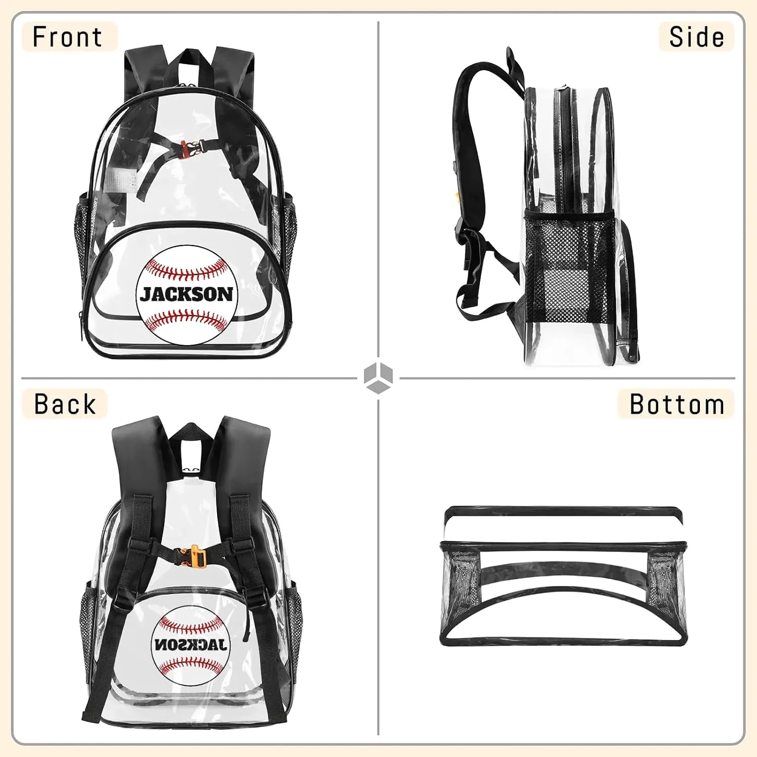 Baseball Clear Bookbag, Personalized Name Transparent Black Backpack, Custom See Through Travel Sport Plastic Back Pack PVC with Reinforced Strap, Waterproof