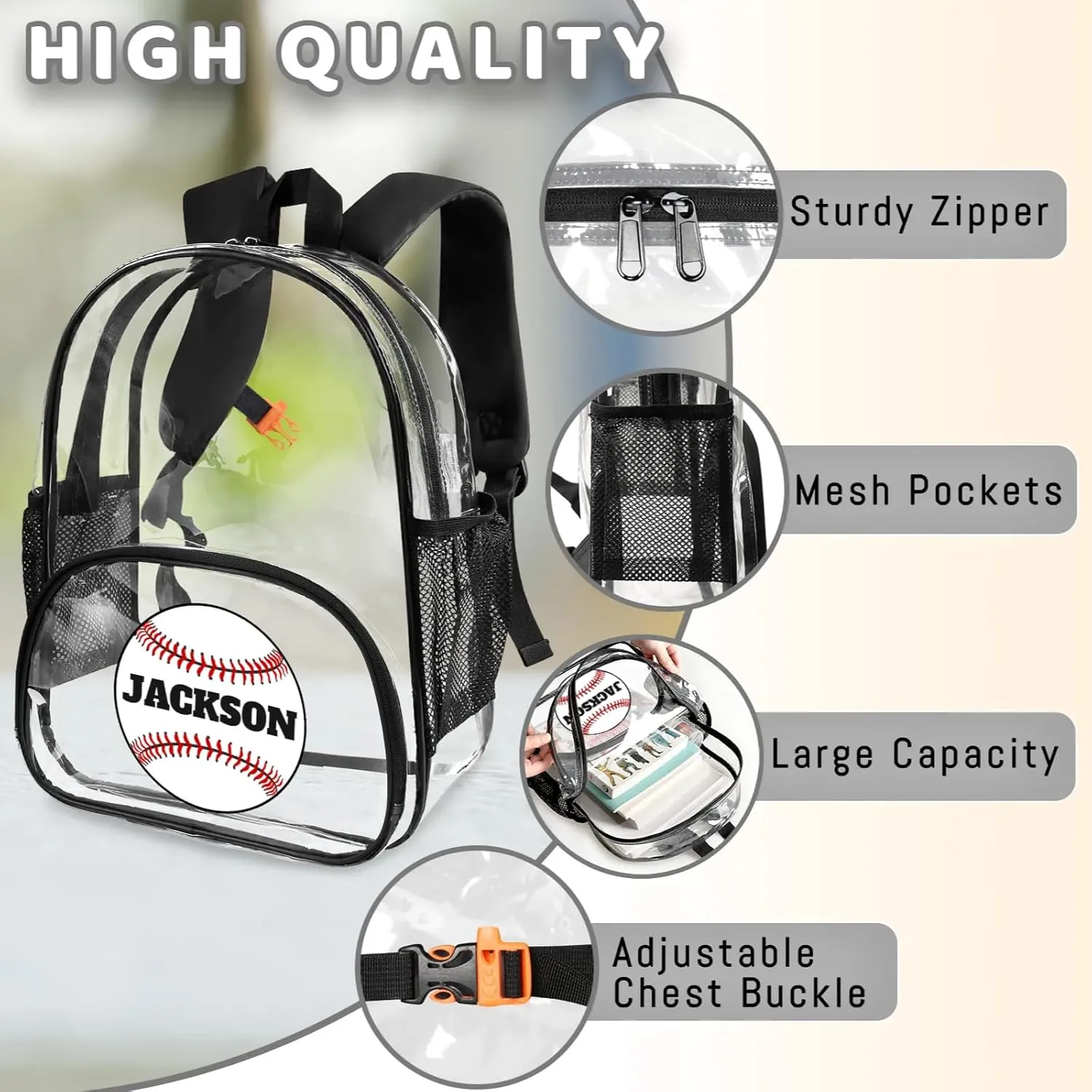 Baseball Clear Bookbag, Personalized Name Transparent Black Backpack, Custom See Through Travel Sport Plastic Back Pack PVC with Reinforced Strap, Waterproof