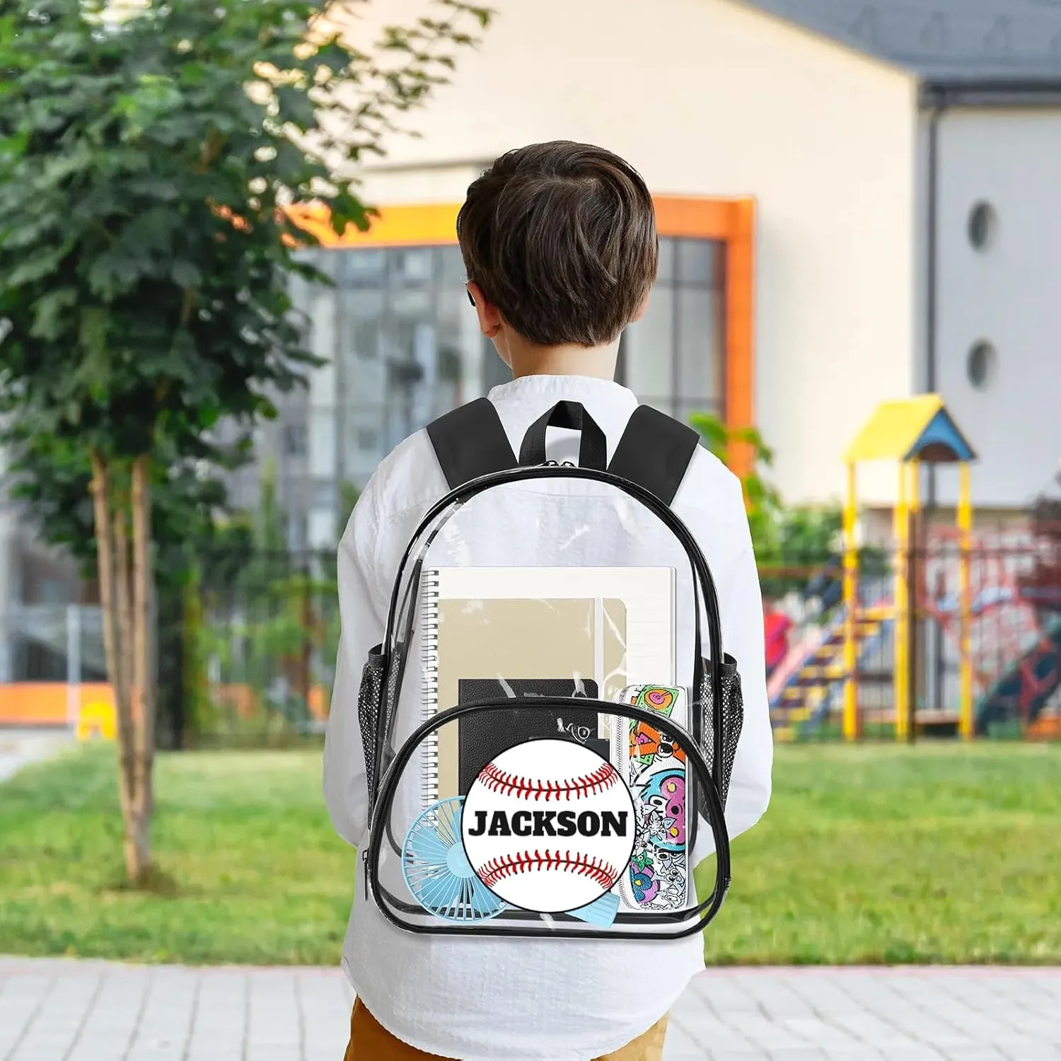 Baseball Clear Bookbag, Personalized Name Transparent Black Backpack, Custom See Through Travel Sport Plastic Back Pack PVC with Reinforced Strap, Waterproof