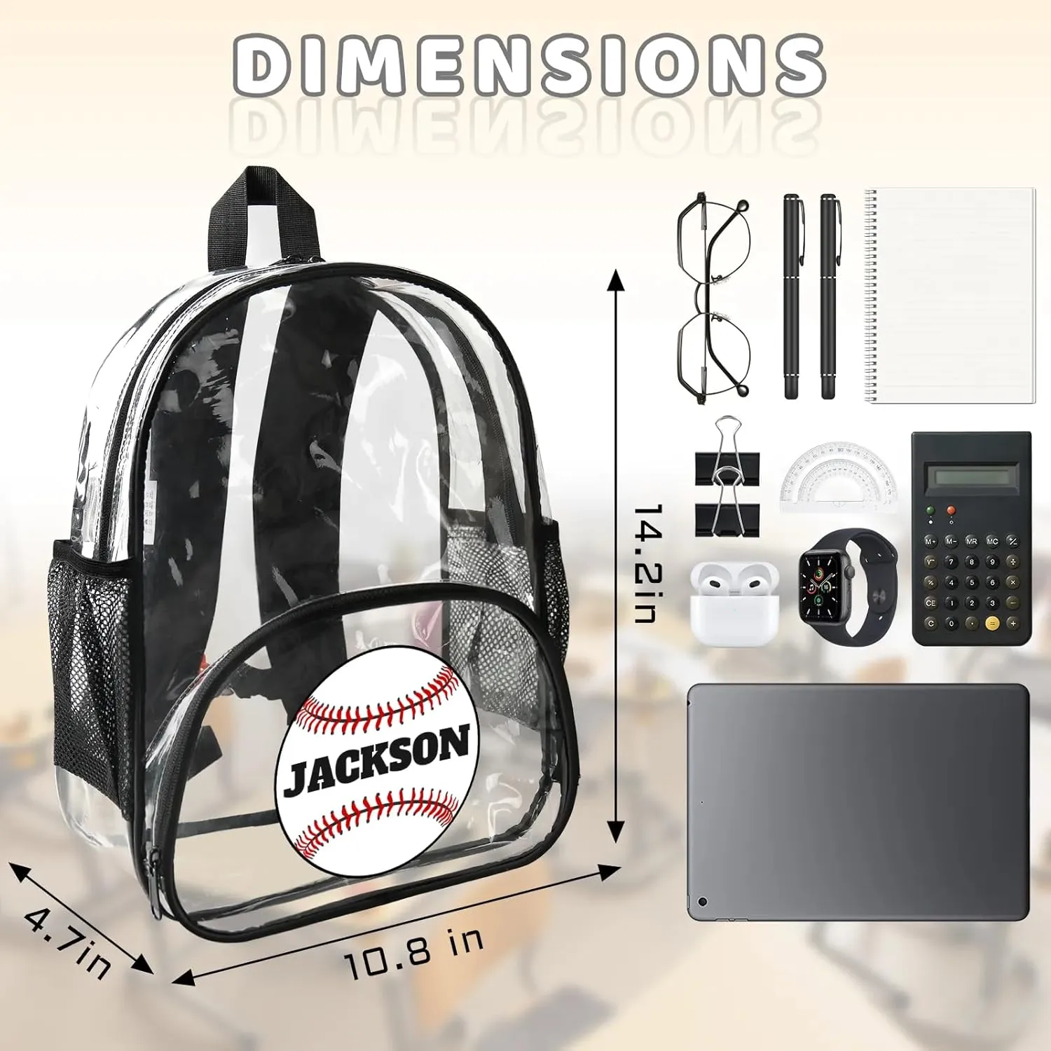 Baseball Clear Bookbag, Personalized Name Transparent Black Backpack, Custom See Through Travel Sport Plastic Back Pack PVC with Reinforced Strap, Waterproof