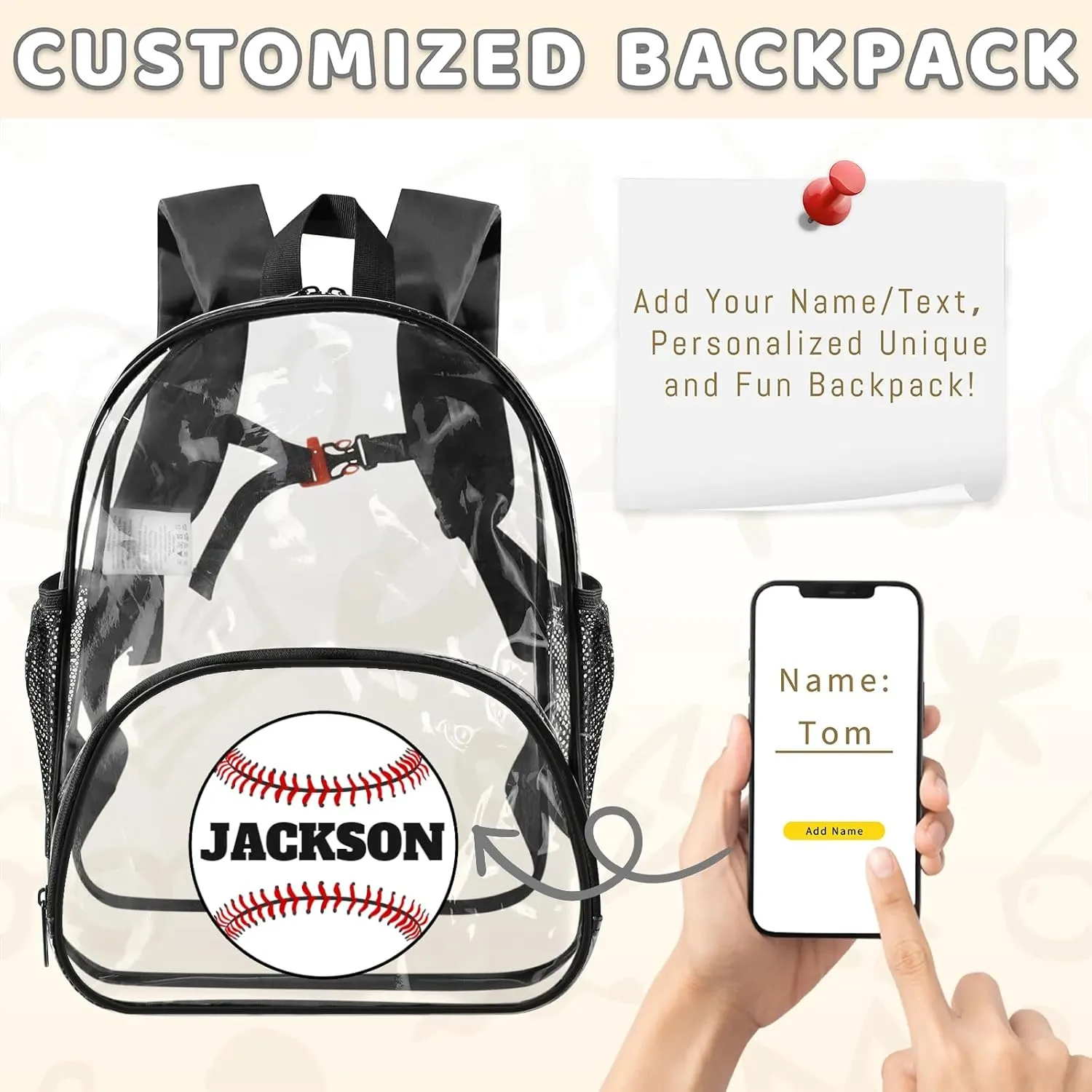 Baseball Clear Bookbag, Personalized Name Transparent Black Backpack, Custom See Through Travel Sport Plastic Back Pack PVC with Reinforced Strap, Waterproof