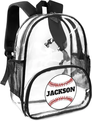 Baseball Clear Bookbag, Personalized Name Transparent Black Backpack, Custom See Through Travel Sport Plastic Back Pack PVC with Reinforced Strap, Waterproof