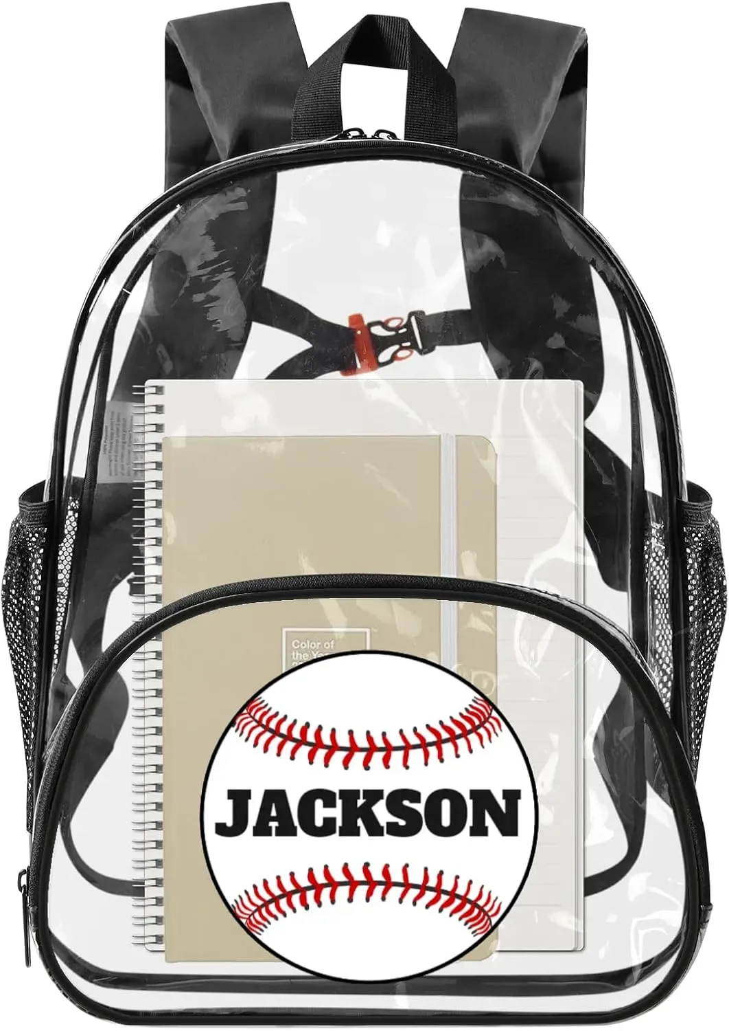 Baseball Clear Bookbag, Personalized Name Transparent Black Backpack, Custom See Through Travel Sport Plastic Back Pack PVC with Reinforced Strap, Waterproof