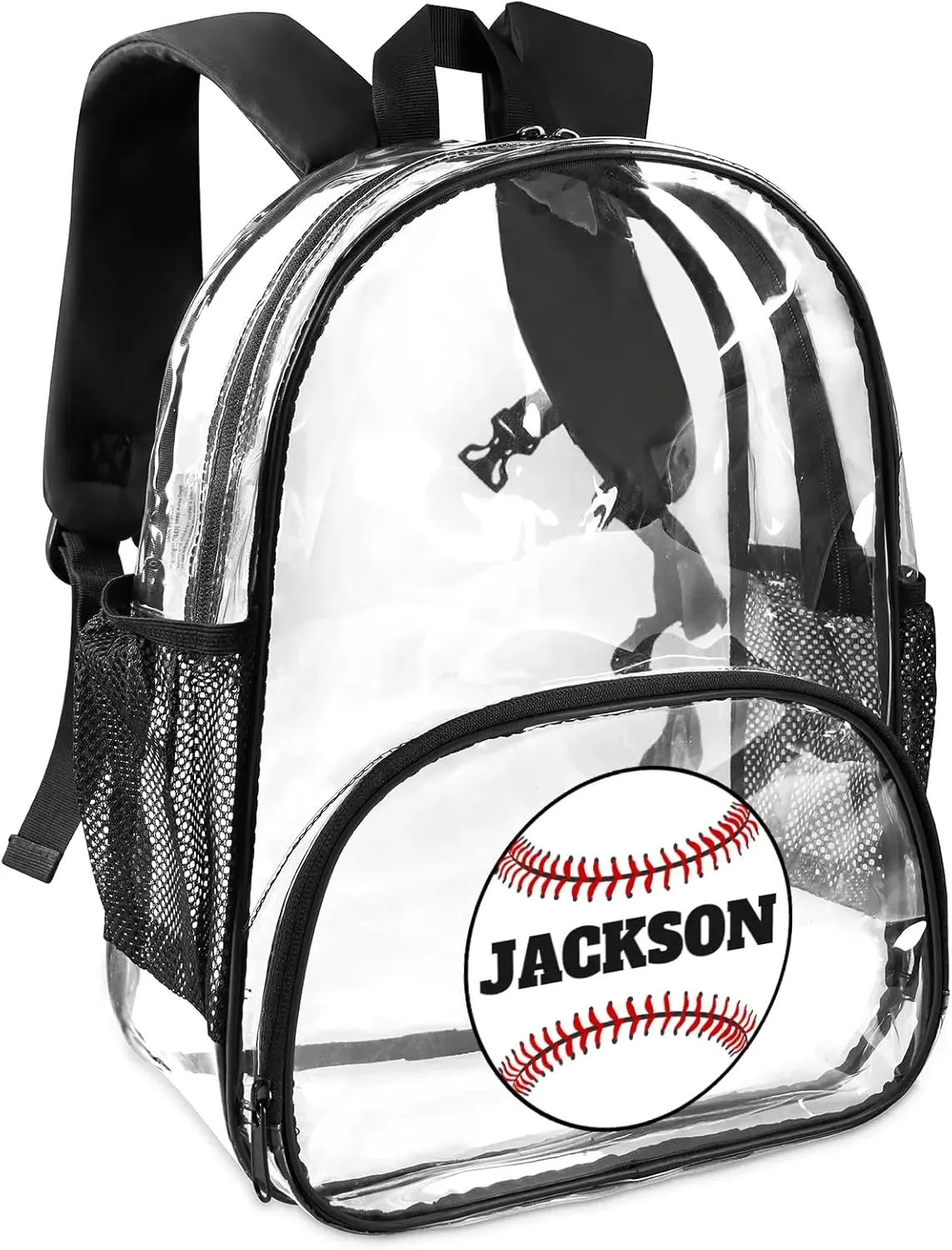 Baseball Clear Bookbag, Personalized Name Transparent Black Backpack, Custom See Through Travel Sport Plastic Back Pack PVC with Reinforced Strap, Waterproof