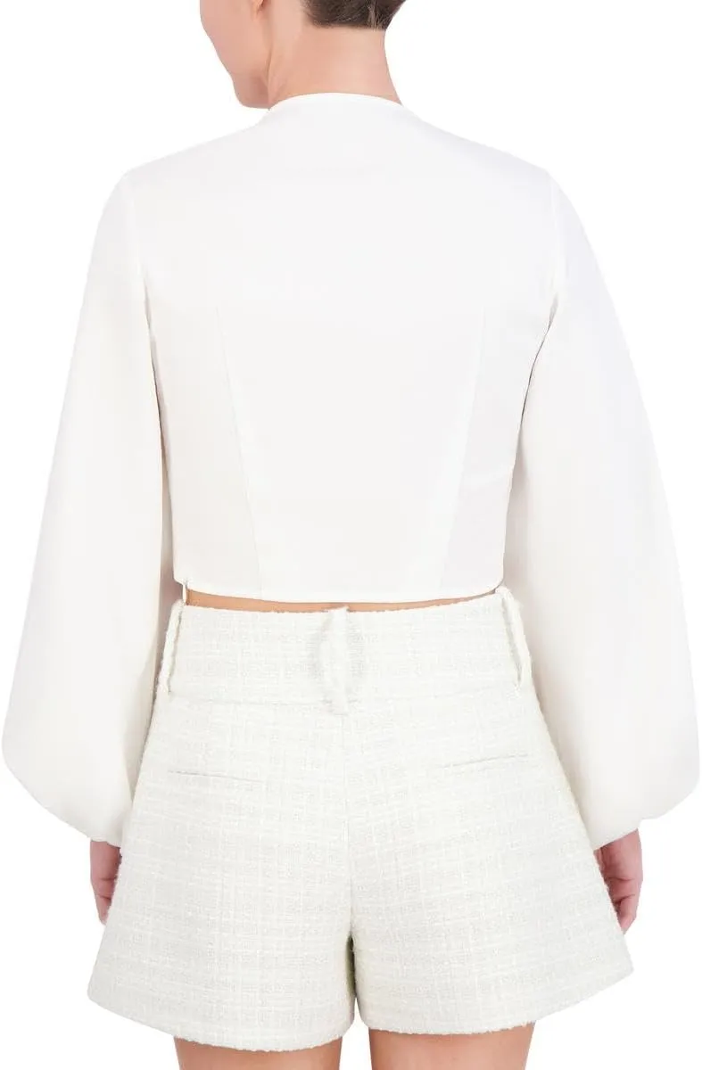 BCBGMAXAZRIA Women's V Neck Long Puff Sleeve Twist Front Top