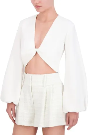 BCBGMAXAZRIA Women's V Neck Long Puff Sleeve Twist Front Top