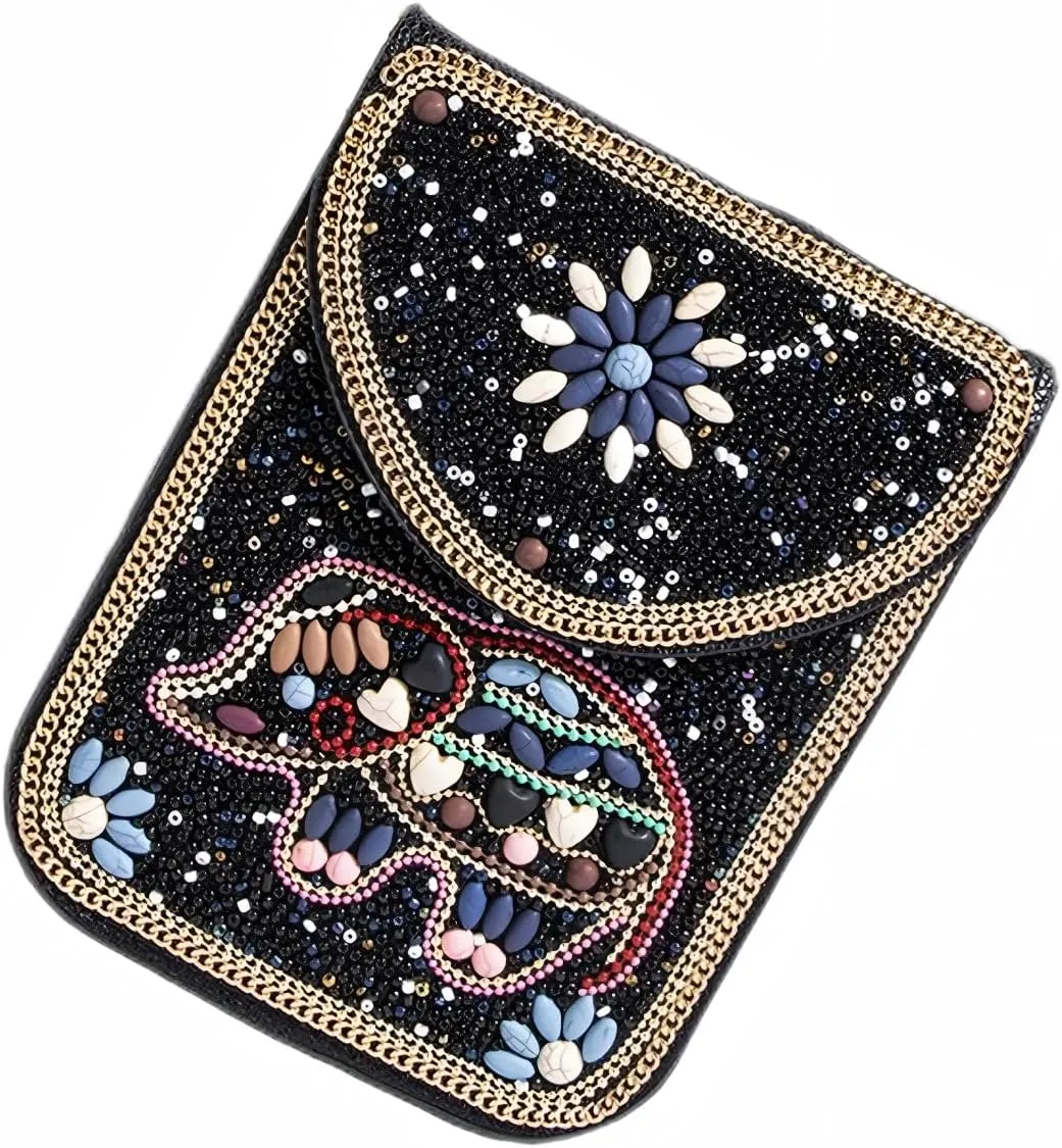 Beaded Cell Phone Crossbody Bag for Women, Boho Small Shoulder Purse Wallet with Beads and Turquoise Design, Adjustable Strap