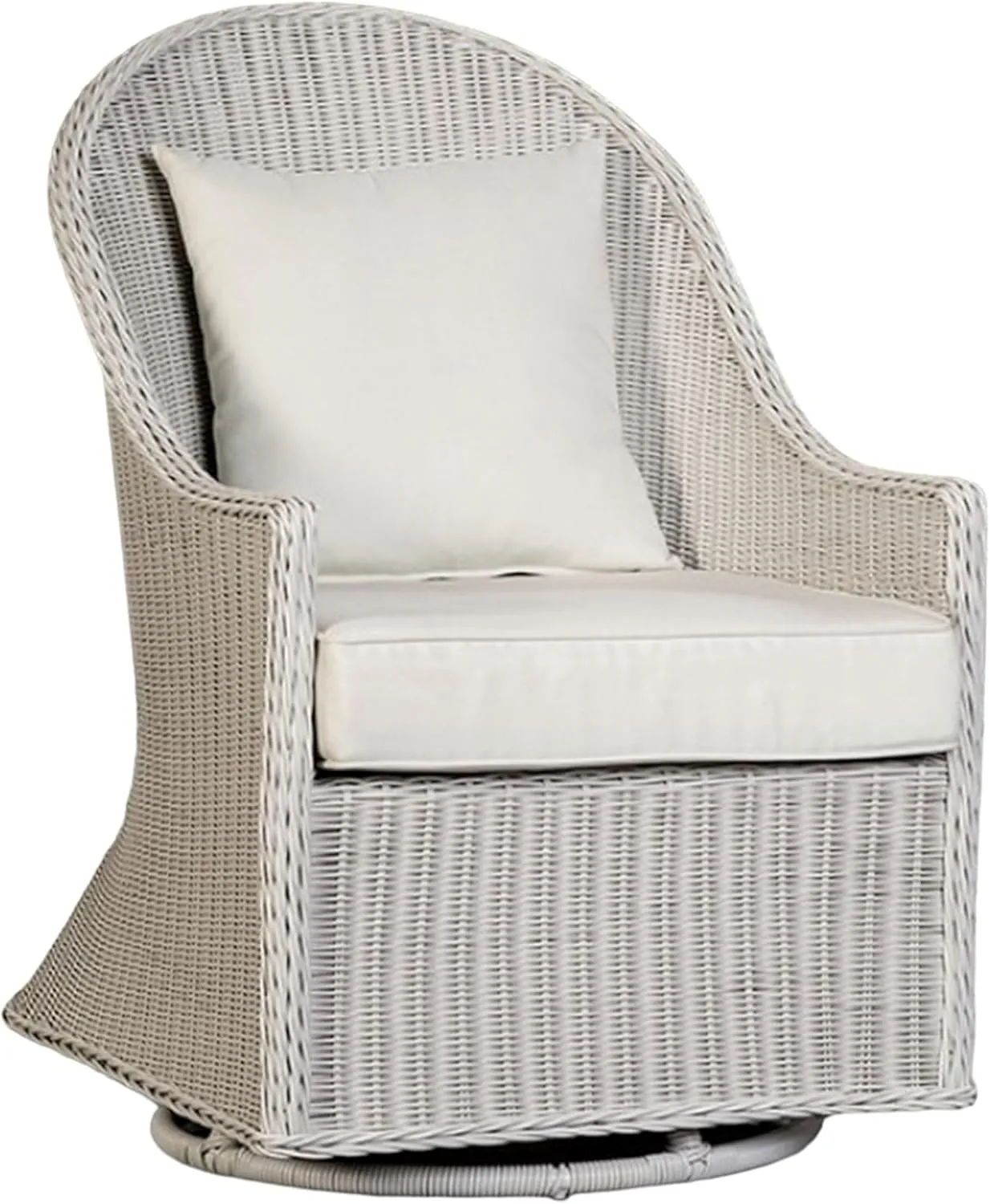 Benzara Tomo Outdoor Swivel Chair, Wingback Design, White Fabric, Wicker Rattan