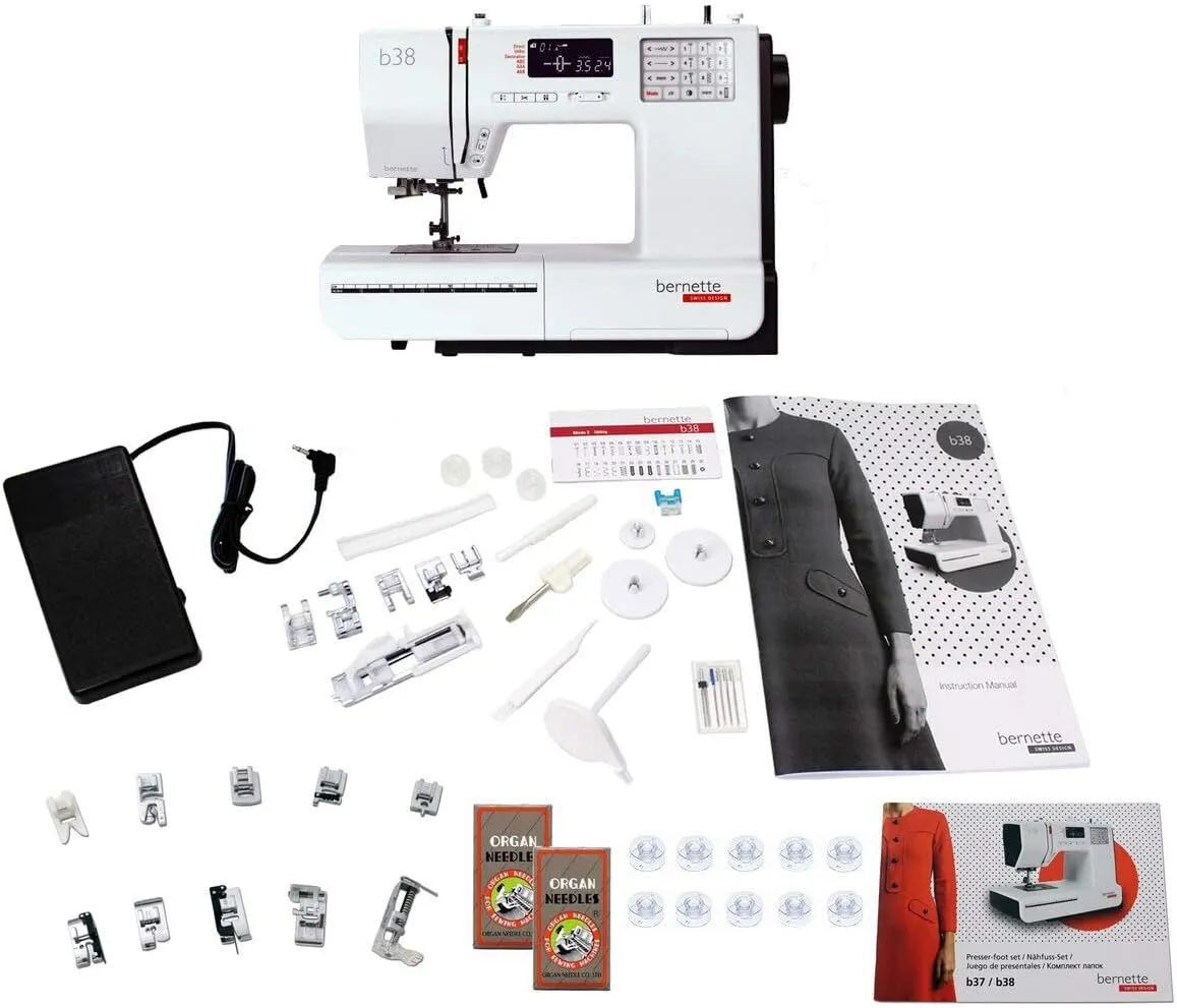 Bernette B38 Swiss Design Computerized Sewing Machine | 394 Stitches, LCD Display, Extension Table, 8 Presser Feet | Bobbins, Needles, Threader, Foot Pedal, Seam Ripper, Screwdriver, Spool Caps