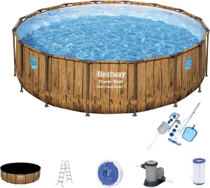Bestway 56726E 16ft x 16ft x 48in Power Steel Swim Vista Above Ground Swimming Pool Set with Cover, Surface Skimmer, and Pool Vacuum