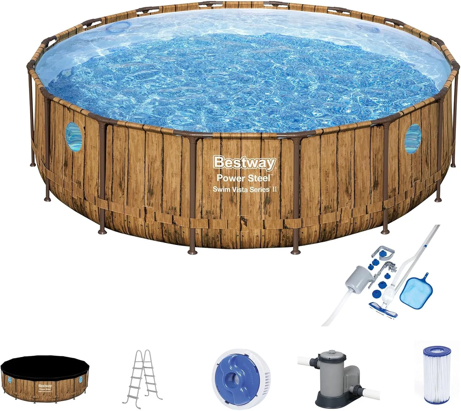 Bestway 56726E 16ft x 16ft x 48in Power Steel Swim Vista Above Ground Swimming Pool Set with Cover, Surface Skimmer, and Pool Vacuum