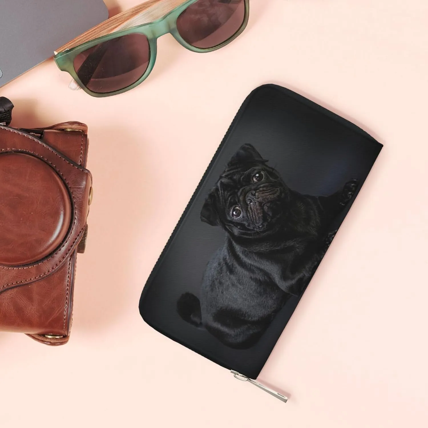 Black pug Wallet for Men Women Elegant Long Clutch Zip Around Travel Leather Coin Purse Large Capacity Credit Card Holder Handbag