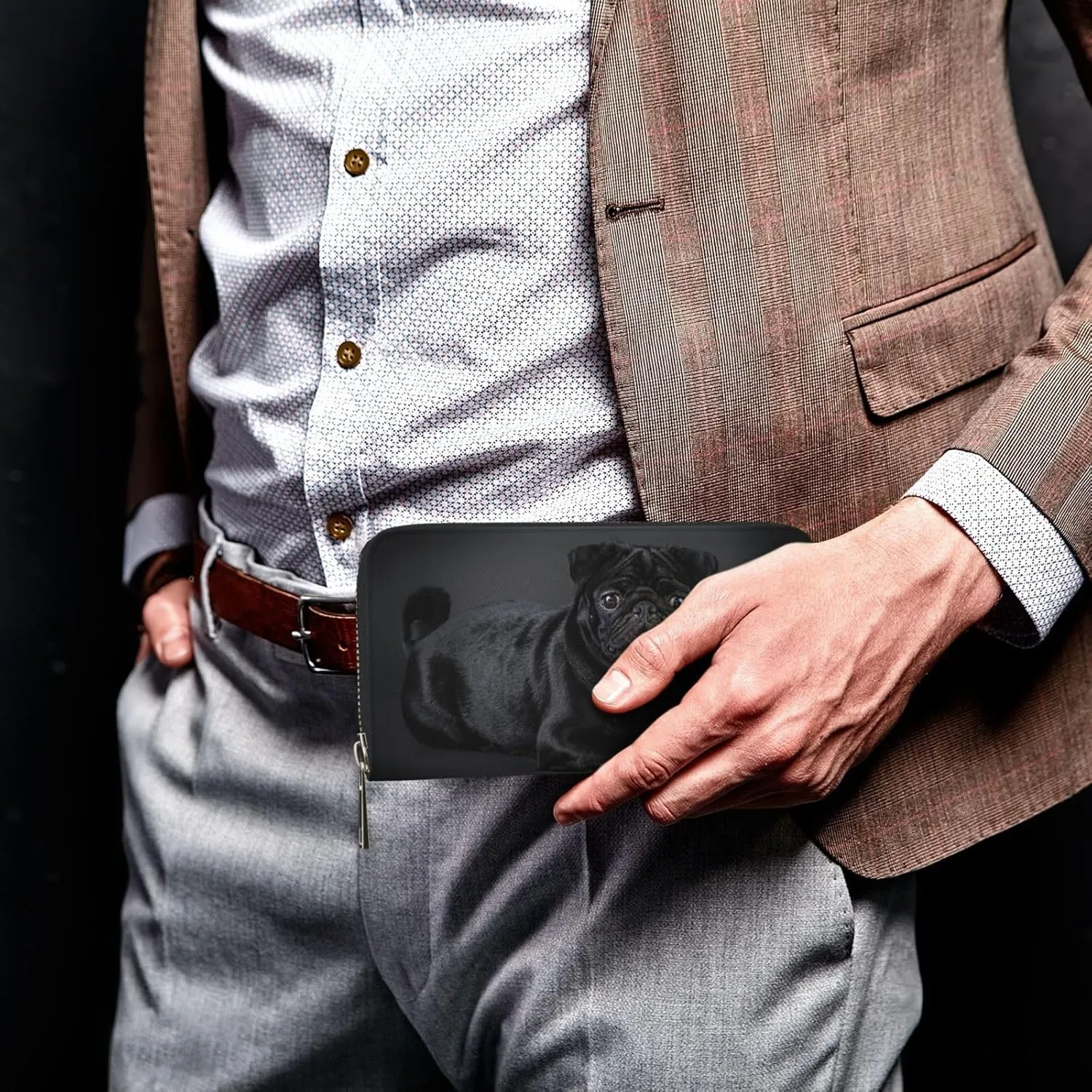 Black pug Wallet for Men Women Elegant Long Clutch Zip Around Travel Leather Coin Purse Large Capacity Credit Card Holder Handbag