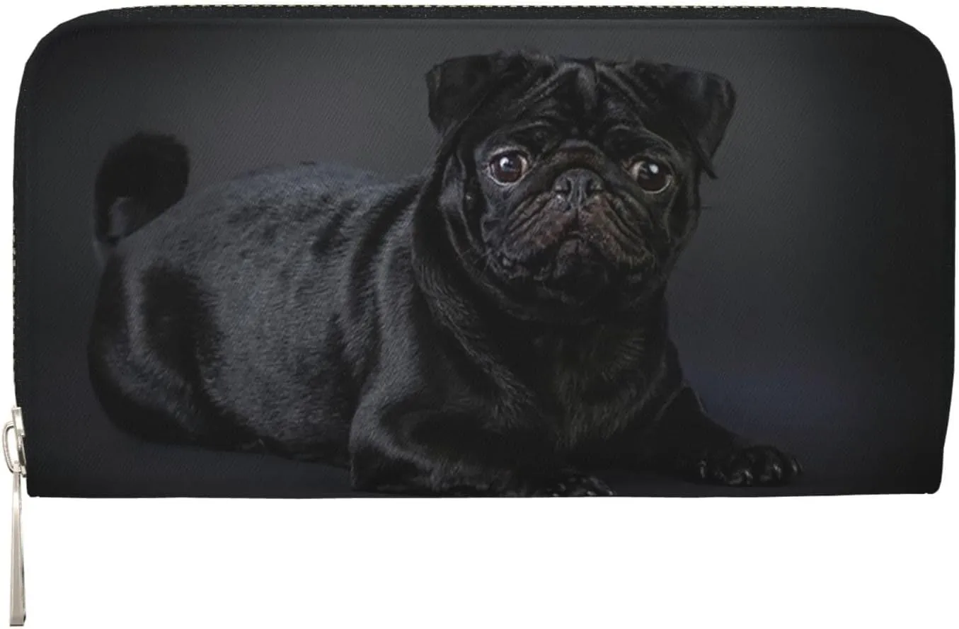 Black pug Wallet for Men Women Elegant Long Clutch Zip Around Travel Leather Coin Purse Large Capacity Credit Card Holder Handbag
