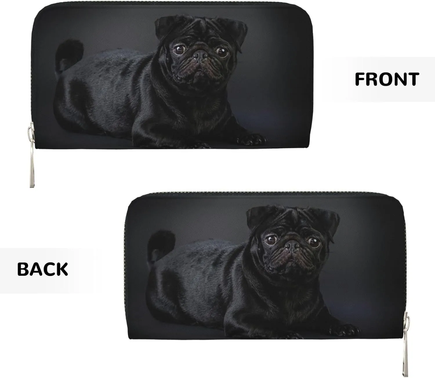Black pug Wallet for Men Women Elegant Long Clutch Zip Around Travel Leather Coin Purse Large Capacity Credit Card Holder Handbag