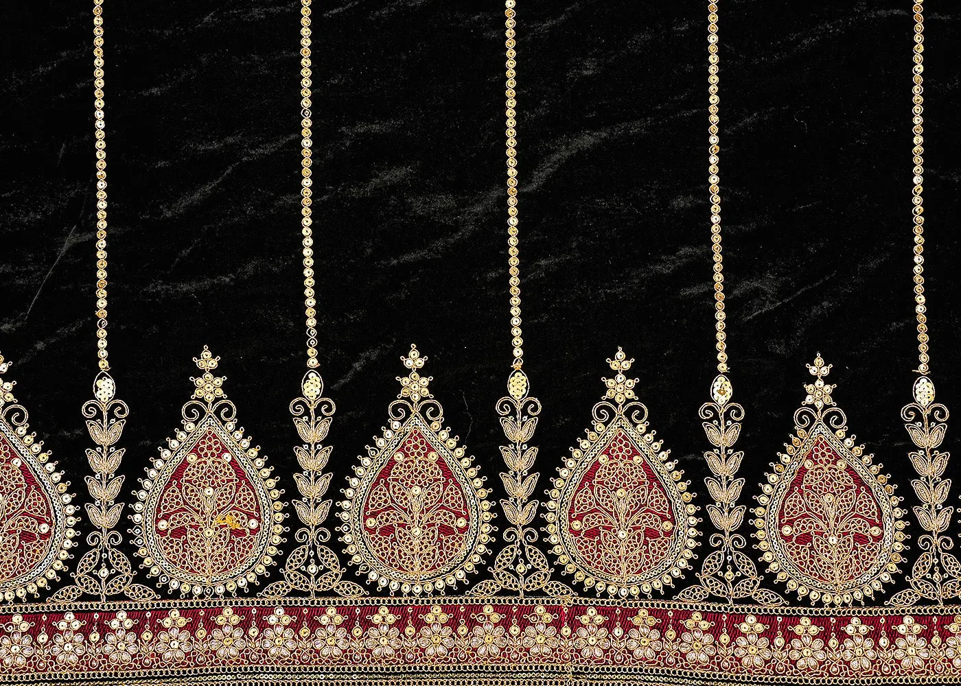 Black Regal Velvet Fabric with Heavy Traditional Border of Thread and Sequins Work