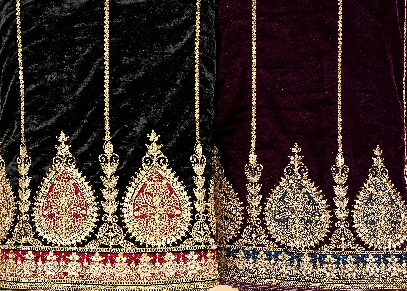 Black Regal Velvet Fabric with Heavy Traditional Border of Thread and Sequins Work