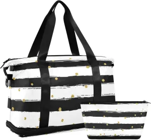 Black White Stripe Versatile Sports Travel Bag - Lasting Twill Tote, Removable Wheel & Rod Bagging, Multi-pocket Design, Complimentary Makeup Bag