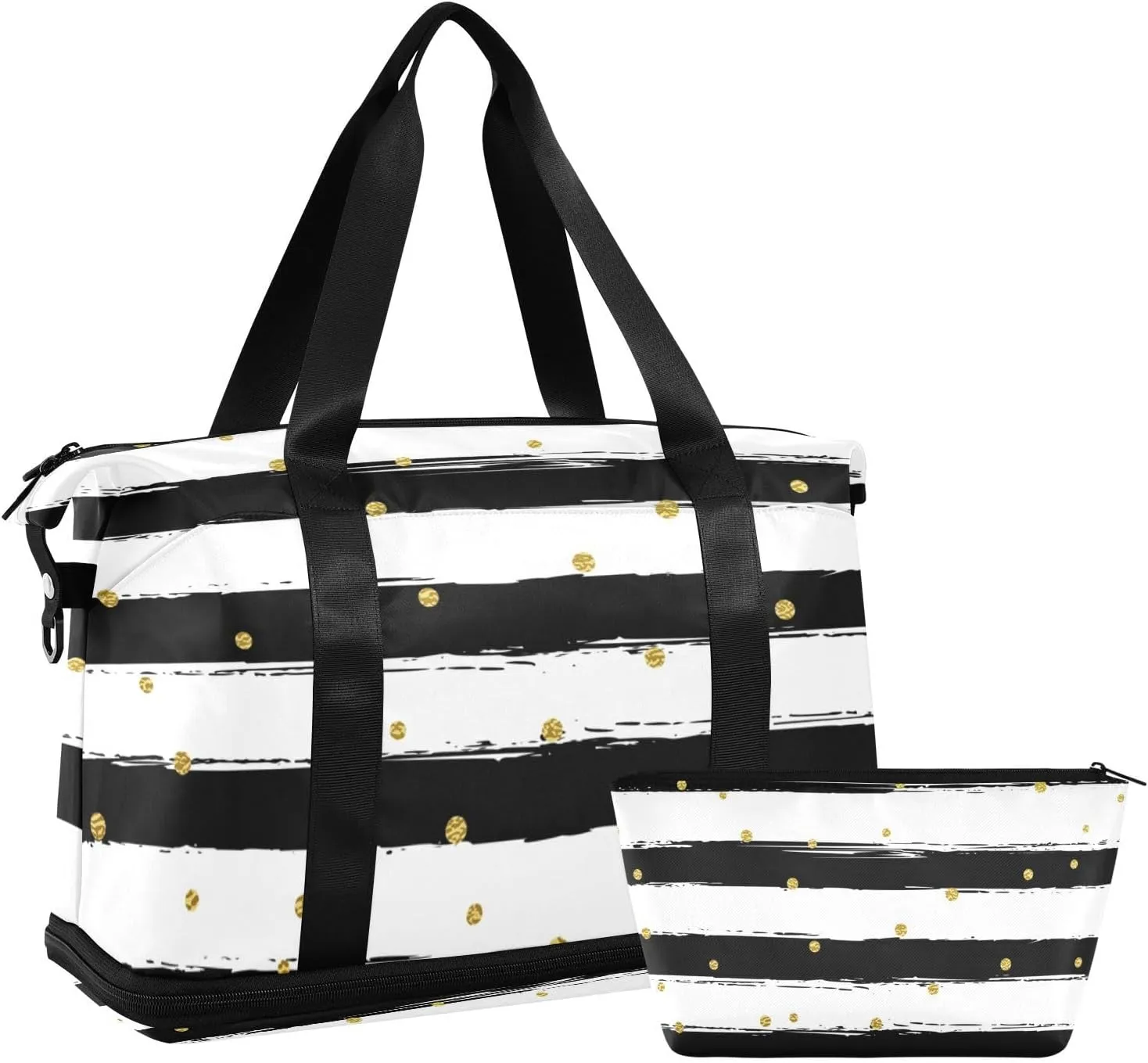 Black White Stripe Versatile Sports Travel Bag - Lasting Twill Tote, Removable Wheel & Rod Bagging, Multi-pocket Design, Complimentary Makeup Bag