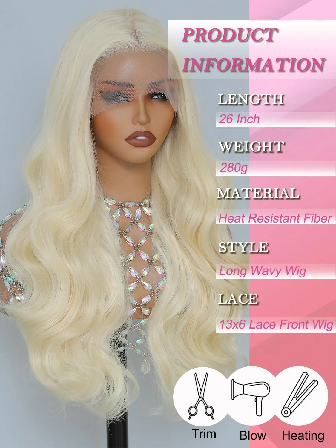 Blonde Synthetic Lace Front Wig 613, 13x6 HD Lace Wig for Women, Deep Parting, Heat Resistant Fiber, with Baby Hair and Natural Hairline 26 Inch