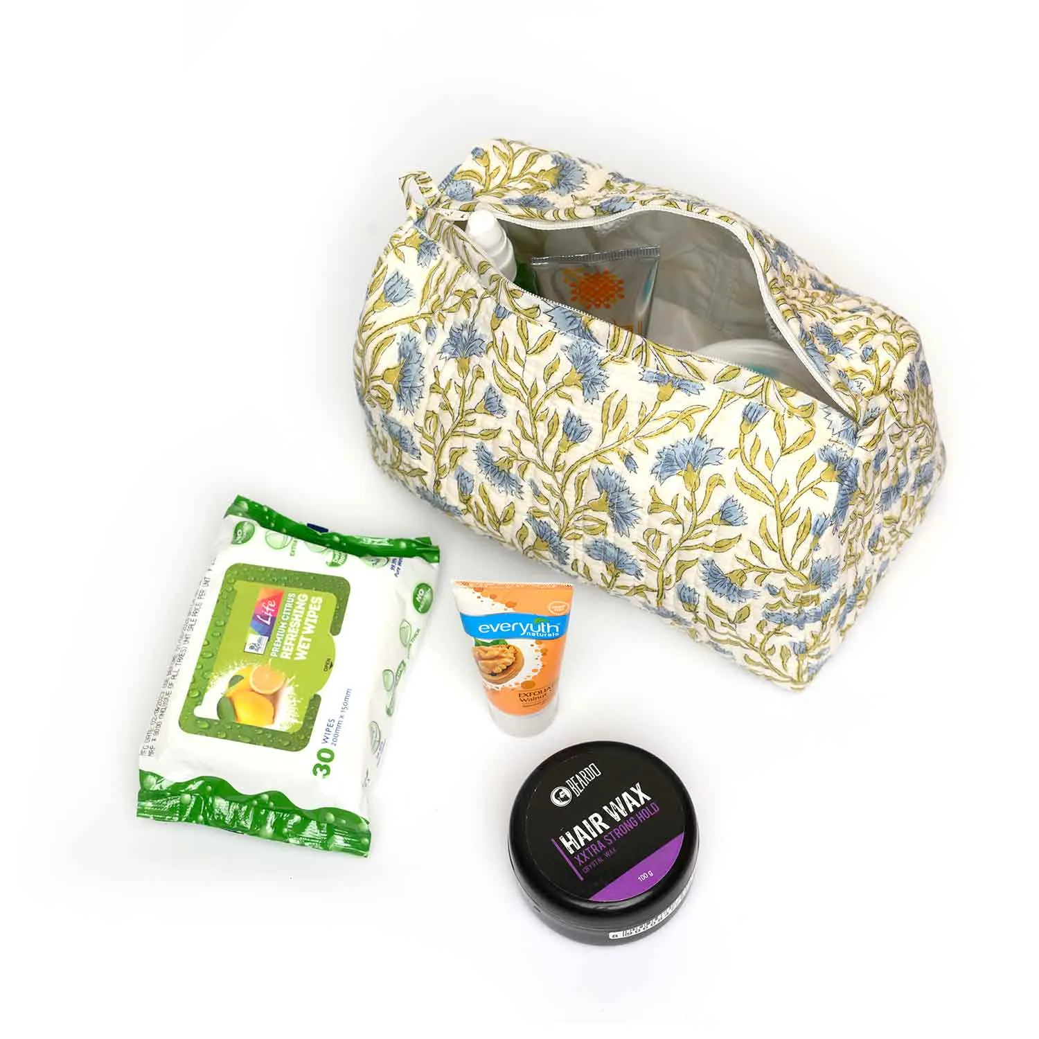 BLUE CHAMPA BLOCK PRINTED QUILTED TOILETRY POUCH