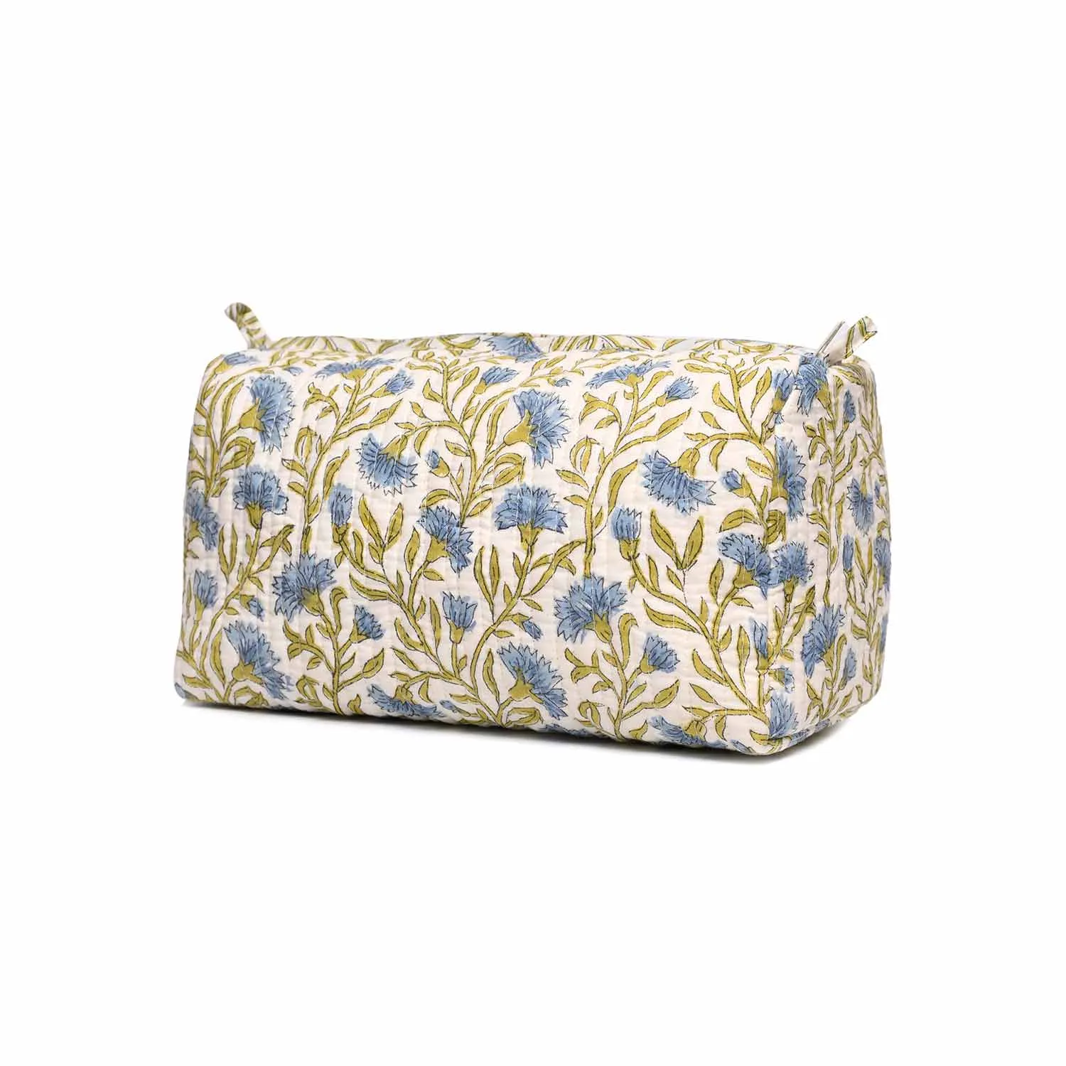 BLUE CHAMPA BLOCK PRINTED QUILTED TOILETRY POUCH