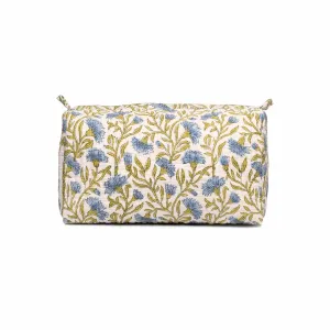 BLUE CHAMPA BLOCK PRINTED QUILTED TOILETRY POUCH