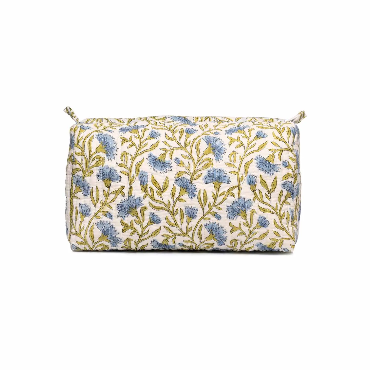 BLUE CHAMPA BLOCK PRINTED QUILTED TOILETRY POUCH