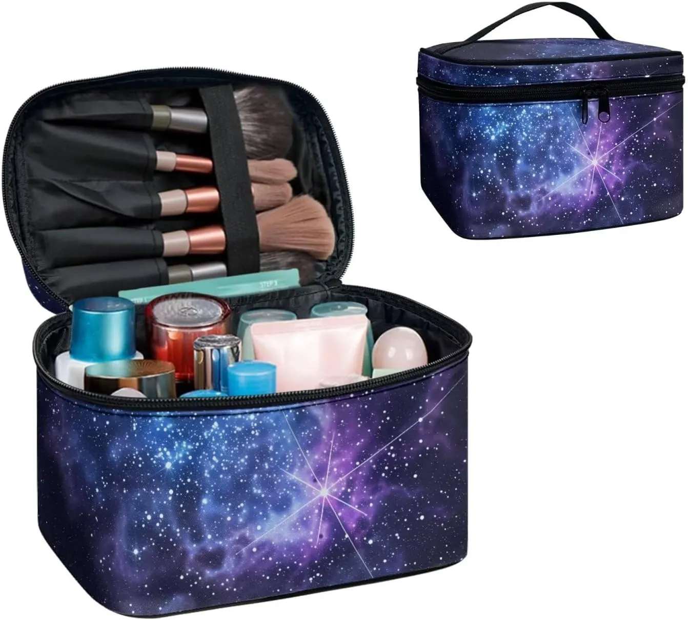 Blue Galaxy Starry Make Up Pouch Bags for Travel Toiletry Bag, Color Nebula Stars Printed Women Cosmetic Bag Portable Zipper Toiletry Storage Bag