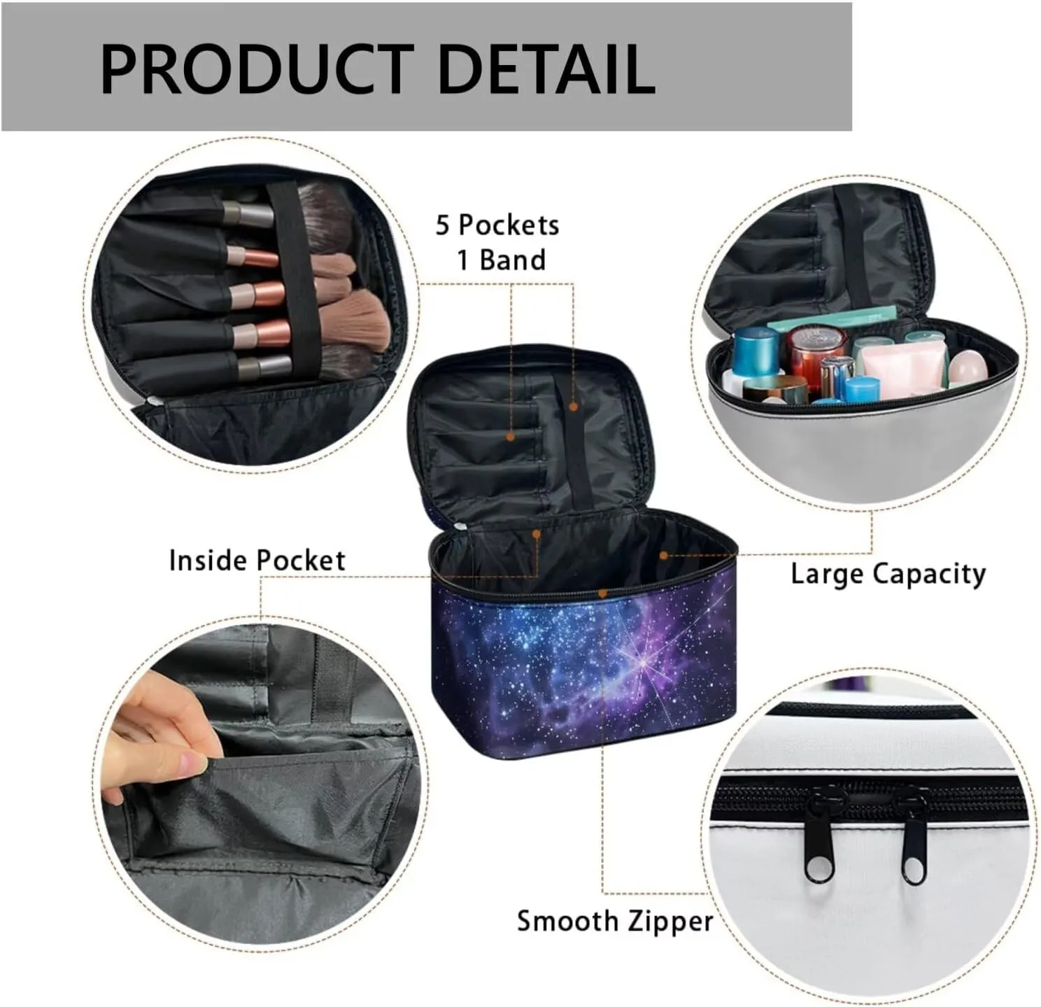 Blue Galaxy Starry Make Up Pouch Bags for Travel Toiletry Bag, Color Nebula Stars Printed Women Cosmetic Bag Portable Zipper Toiletry Storage Bag