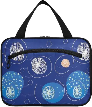 Blue Round Whiteines Flower Art hanging cosmetic travel bags for women with hook, designer collapsible toiletries bag for travel must haves work bolso de mano para hombre