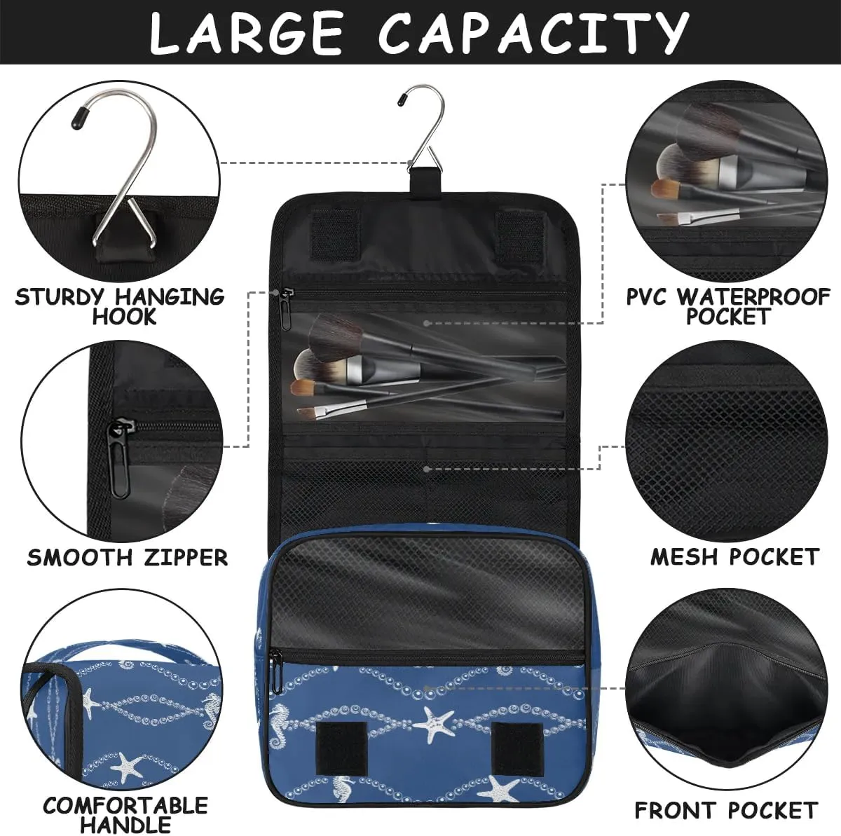 Blue Sea Hanging Toiletry Bag, Spacious Travel Toiletry Bag for Women Men, Cosmetic Bags for Women, Travel Makeup Bag Suitable for Business, Camping, and Fitness