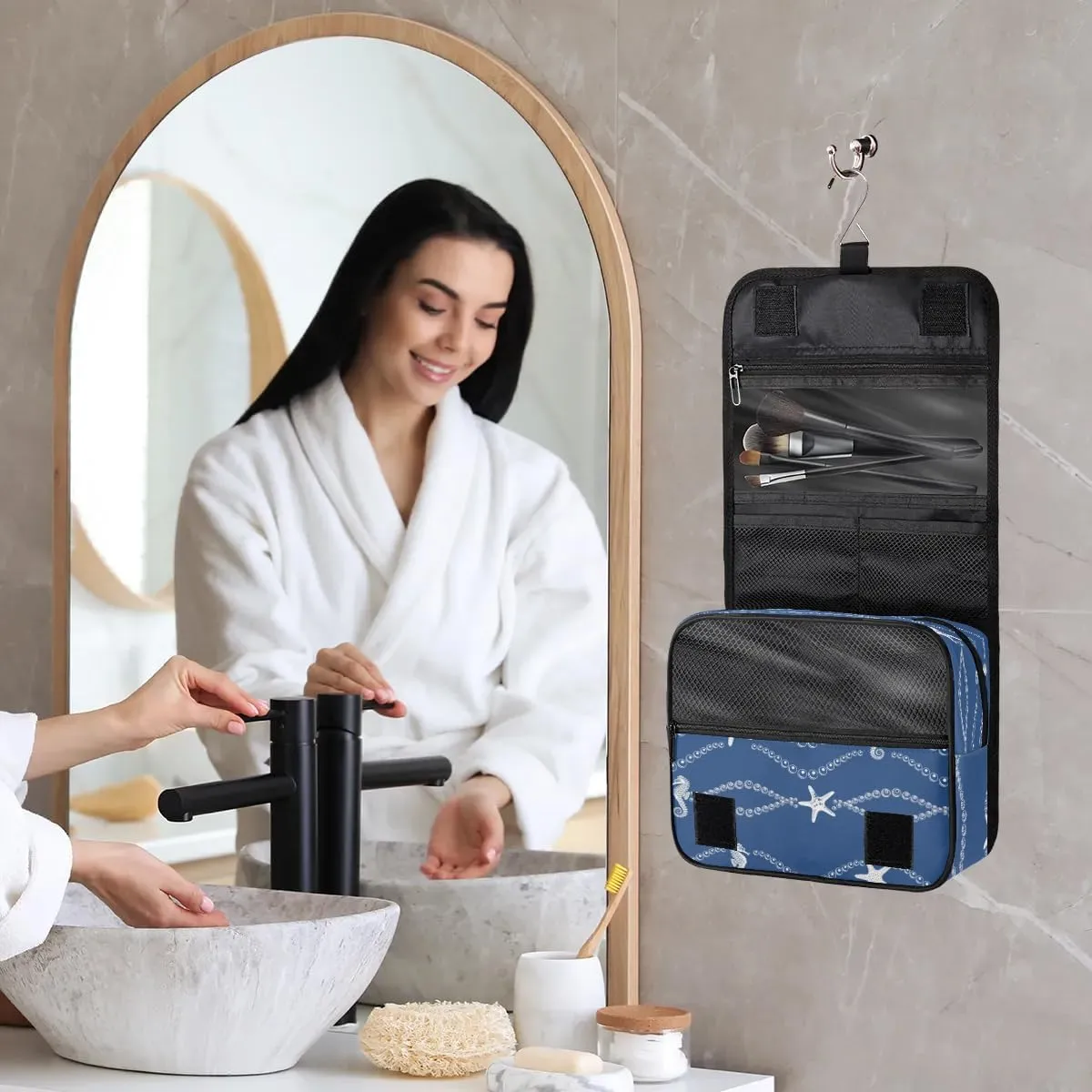 Blue Sea Hanging Toiletry Bag, Spacious Travel Toiletry Bag for Women Men, Cosmetic Bags for Women, Travel Makeup Bag Suitable for Business, Camping, and Fitness