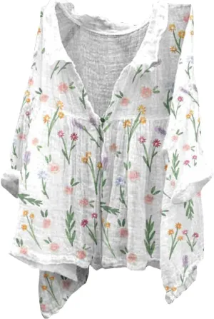 Boho Blouses for Women 2024 Plus Size Linen 3/4 Sleeve Button Up V-Neck Boxy Tops Summer Holiday Casual Beach Shirts