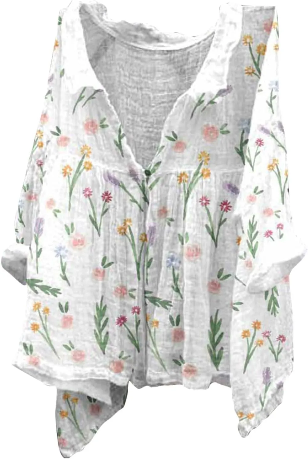 Boho Blouses for Women 2024 Plus Size Linen 3/4 Sleeve Button Up V-Neck Boxy Tops Summer Holiday Casual Beach Shirts