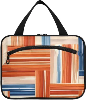 Boho Orange and Blue Regular Stripes hanging travel bag for women with hook, designer essentials bags for men for travel accessories for women work envase para perfume de L
