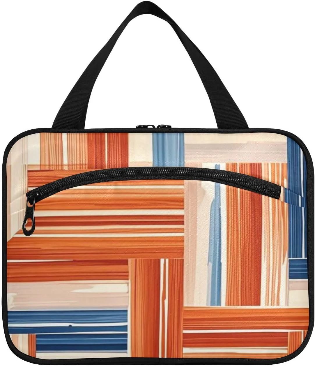 Boho Orange and Blue Regular Stripes hanging travel bag for women with hook, designer essentials bags for men for travel accessories for women work envase para perfume de L