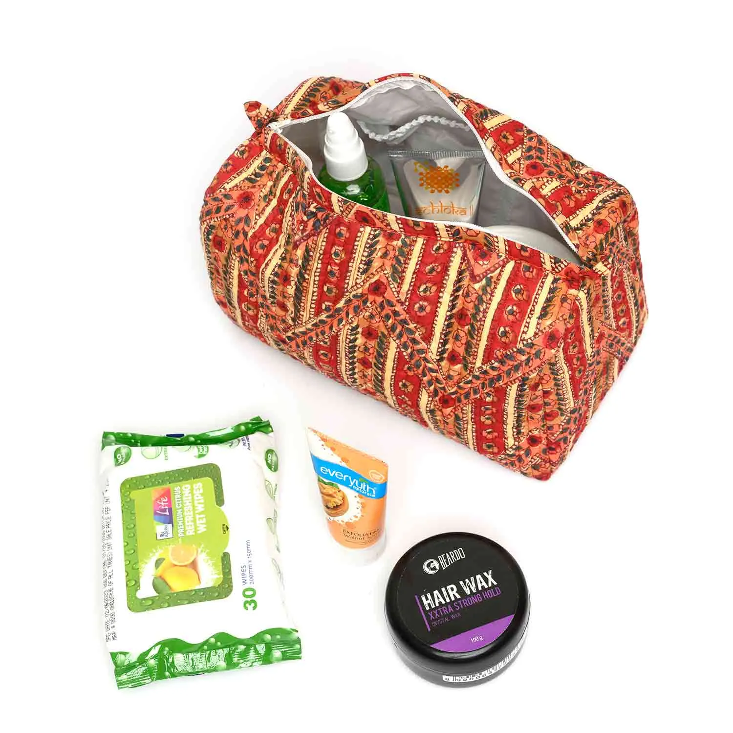 BORDER TRAIL RED BLOCKPRINT QUILTED TOILETRY POUCH